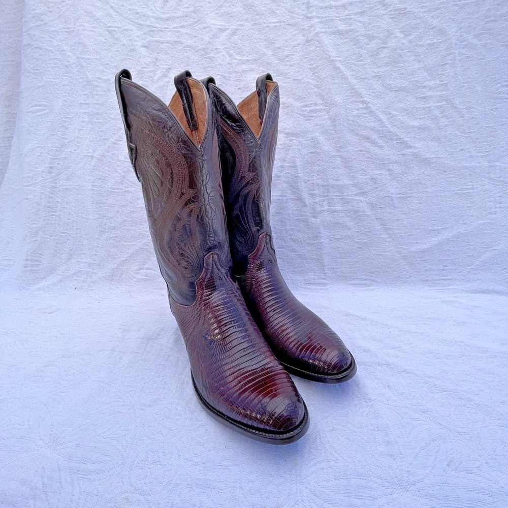 New Resistol Ranch Cowboy Boots Men's Size 10.5D Lizard Skin Burgundy Leather